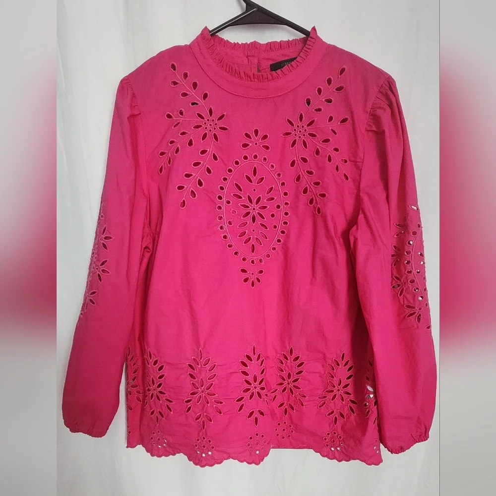 J.Crew Mockneck Cotton Eyelet Top With Cami, Size L,  Fuchsia Pink, Excellent